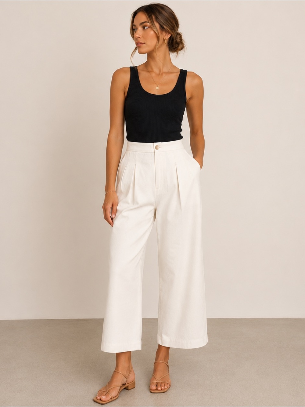 Urban Revivo White High Rise Wide Leg Cropped Pants Size 6 EU 38 Lyocell Cotton